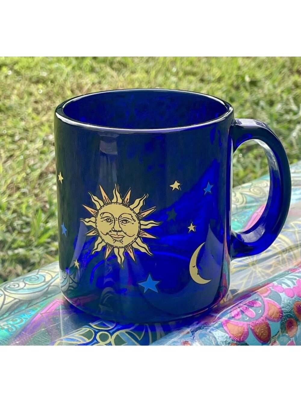 Vintage Libbey Cobalt Blue Glass Coffee Mug Celestial Sun Moon Stars “Friends”